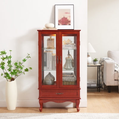 US Local Lighted Glass Cabinet Glass Wine Cabinet Curio Display Cabinet With Adjustable Glass Shelves 2 Doors And 1 Drawer Cabinet Bulb Included OAK