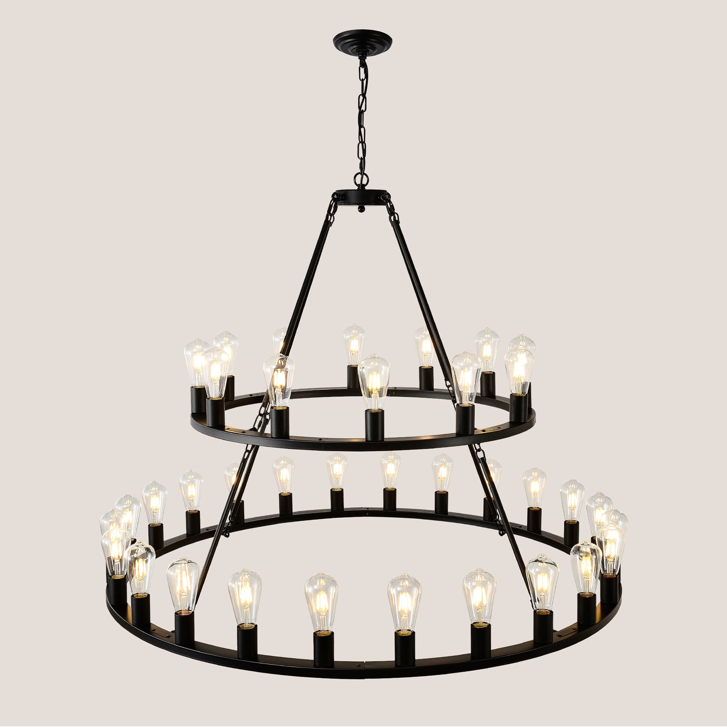 US Local 48 Inch Black Extra Large Wagon Wheel Chandelier, 2 Tier 36-Lights No Include Farmhouse Industrial Round High Ceiling Pendant Light Adjustable Chain, For Dining Room, Living Room,Kitchen