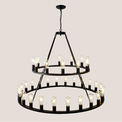 US Local 48 Inch Black Extra Large Wagon Wheel Chandelier, 2 Tier 36-Lights No Include Farmhouse Industrial Round High Ceiling Pendant Light Adjustable Chain, For Dining Room, Living Room,Kitchen