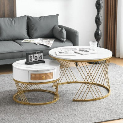 UK Local White Two-piece Coffee Table Set With Rattan Drawers, Gold Accents And Marble-style PVC Sticker Tabletop