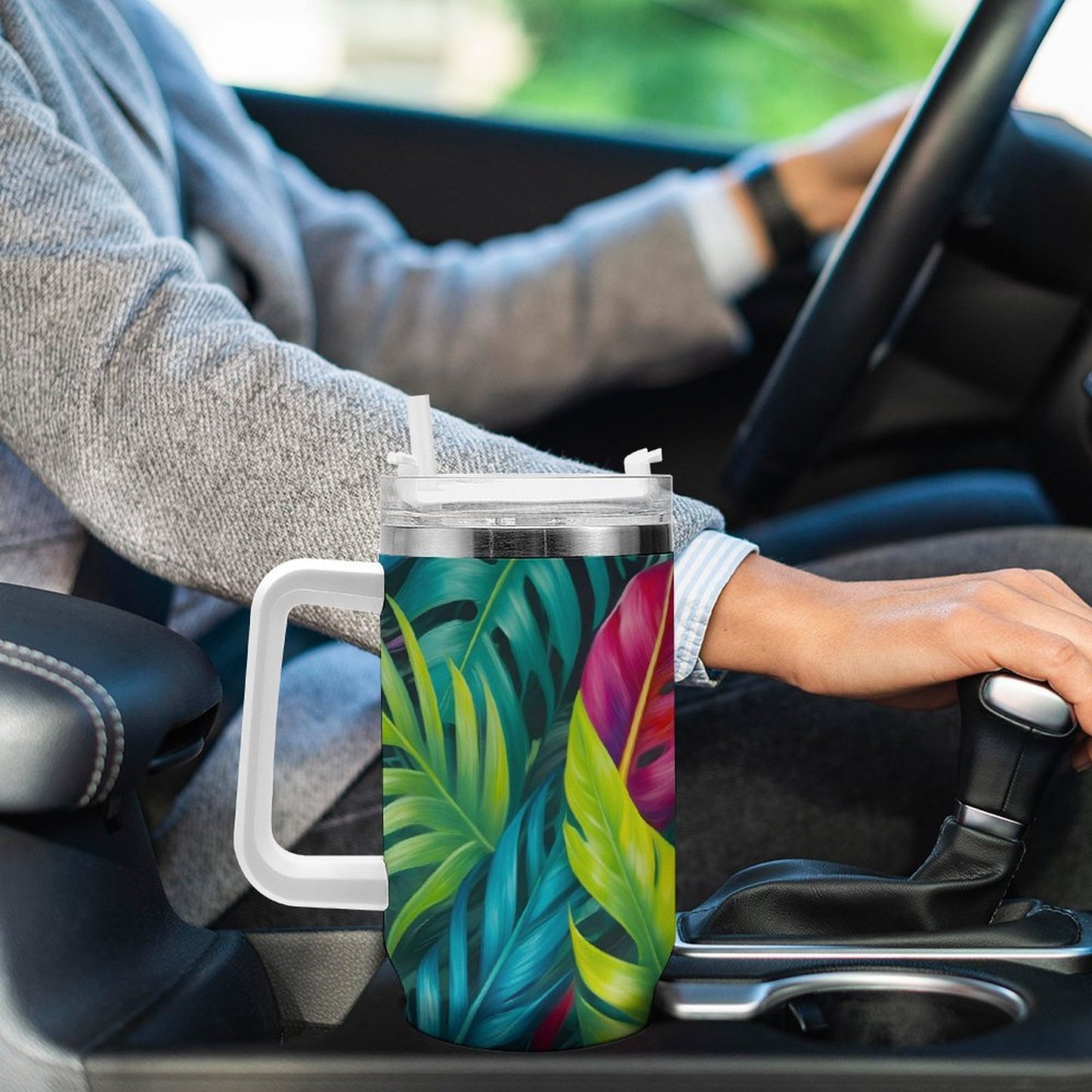 PHDT00098 POD US Local Tumbler 40 oz Large Capacity Car Cup Plants, Green, Leaves