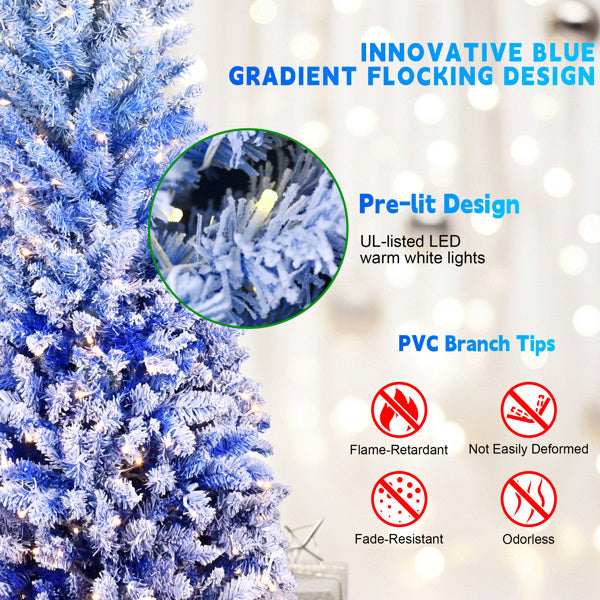 6FT Blue Gradient Flocked Pencil Christmas Tree With 200 Warm White LED Lights, 485 Tips, Hinged Branches, Slim Design, Metal Stand Narrow Prelit Tree For Holiday Home Decor