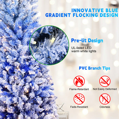 6FT Blue Gradient Flocked Pencil Christmas Tree With 200 Warm White LED Lights, 485 Tips, Hinged Branches, Slim Design, Metal Stand Narrow Prelit Tree For Holiday Home Decor