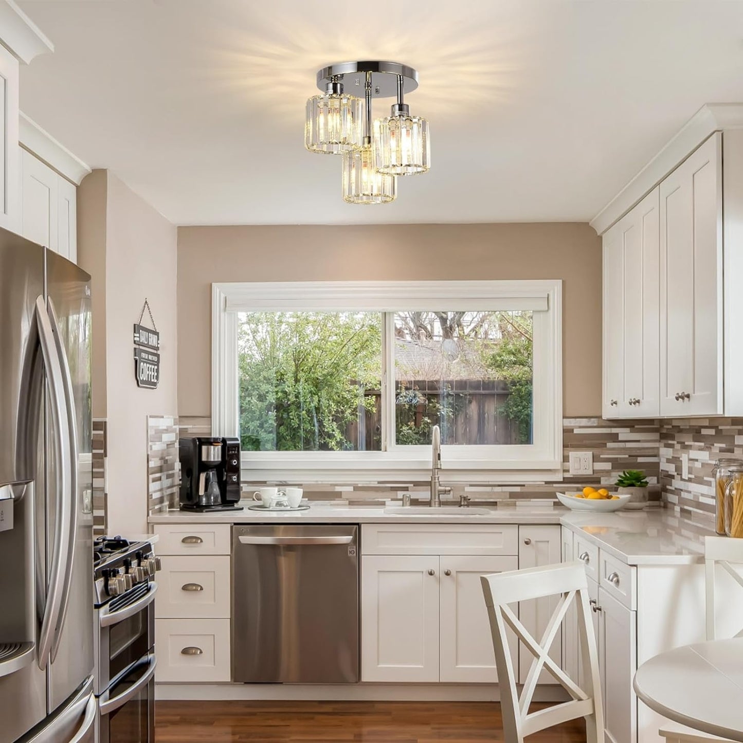 US Local Semi Flush Mount Ceiling,3-Light Kitchen Mount,Hallway Light Fixtures Ceiling With Clear Crystal Sha