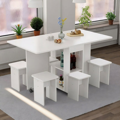 US Local Folding Drop Leaf Dining Table Set For 4 With 4 Chairs, Space Saving Foldable Dining Table With Storage And 6 Wheels, 47.2 Inch D X 23.6 Inch W X 30.3 Inch H, White