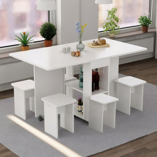 US Local Folding Drop Leaf Dining Table Set For 4 With 4 Chairs, Space Saving Foldable Dining Table With Storage And 6 Wheels, 47.2 Inch D X 23.6 Inch W X 30.3 Inch H, White