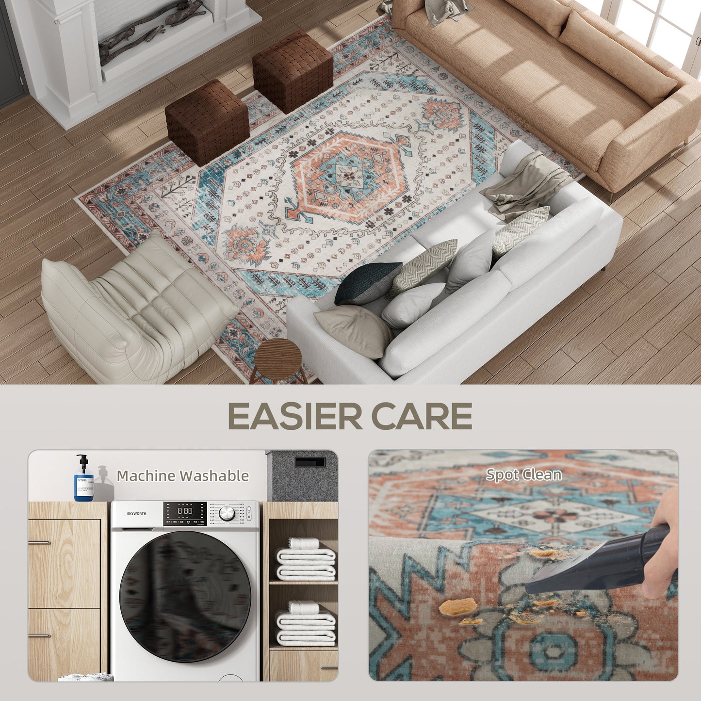 US Local 4x6 Area Rug, Vintage Machine Washable Rug, Non-Slip Floor Carpet For Living Room, Bedroom, Dining Room, Brown And Blue