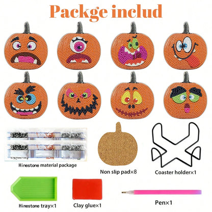 US Local 8 Pcs Halloween Pumpkin Diamond Art Coasters With Holder Cartoon Pumpkin Diamond Painting Coasters Autumn DIY Painting Kit Orange Crafts For Thanksgiving Gift