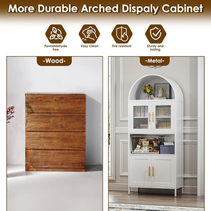 US Local 73 In Tall Metal Arched Cabinet, Kitchen Pantry Cabinet With Glass Door, Modern Farmhouse Arched Bookcase With 2 Adjustable Shelves For Living Room, White, Assembly Required