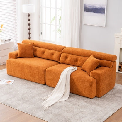 US Local LY-029 ORANGE COMPRESSION SOFA 4-seater Combined Sofa, Wood Grain Chenille Fabric, Full Sponge Compression Sofa,combined Sofa With 2 Pillows For Living  Home Furniture  Apartment
