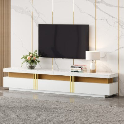 UK Local Luxury TV Stand With Faux Marble Top, TV Cabinet Golden Panel Design, And 3 Drawers For Televisions Up To 89'', Rectangle Media Console, Practical Entertainment Center For Living Room, White