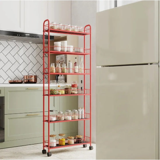US Local 6-Tier Rolling Cart Gap Kitchen Slim Slide Out Storage Tower Rack With Wheels,Baskets,6 For Kitchen,Bathroom Laundry Narrow Piaces Utility Cart,Red