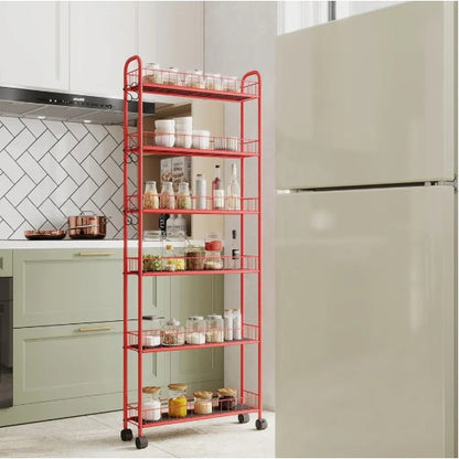 US Local 6-Tier Rolling Cart Gap Kitchen Slim Slide Out Storage Tower Rack With Wheels,Baskets,6 For Kitchen,Bathroom Laundry Narrow Piaces Utility Cart,Red