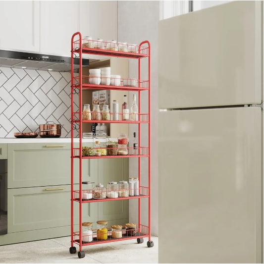 US Local 6-Tier Rolling Cart Gap Kitchen Slim Slide Out Storage Tower Rack With Wheels,Baskets,6 For Kitchen,Bathroom Laundry Narrow Piaces Utility Cart,Red