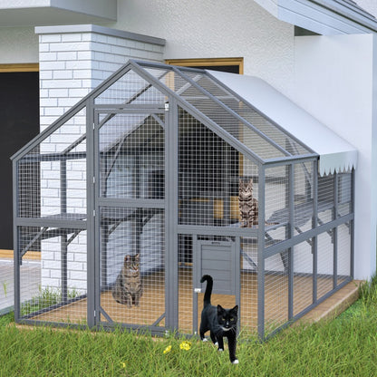 US Local Extra Spacious Catio Outdoor Cat Haven, 110 Inch Luxury Cattery With Weather-Resistant Roof, Cat Climbing Ramp, Space Pod Bed, 2 Lounging Huts