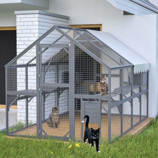 US Local Extra Spacious Catio Outdoor Cat Haven, 110 Inch Luxury Cattery With Weather-Resistant Roof, Cat Climbing Ramp, Space Pod Bed, 2 Lounging Huts