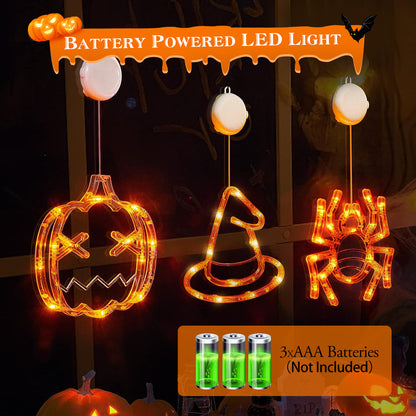 US Local Set Of 3 Pack Halloween Window Light Spider Witch Hat Pumpkin With Orange Light Hanging Halloween Decoration Light With Suction Cup Hanging Holes