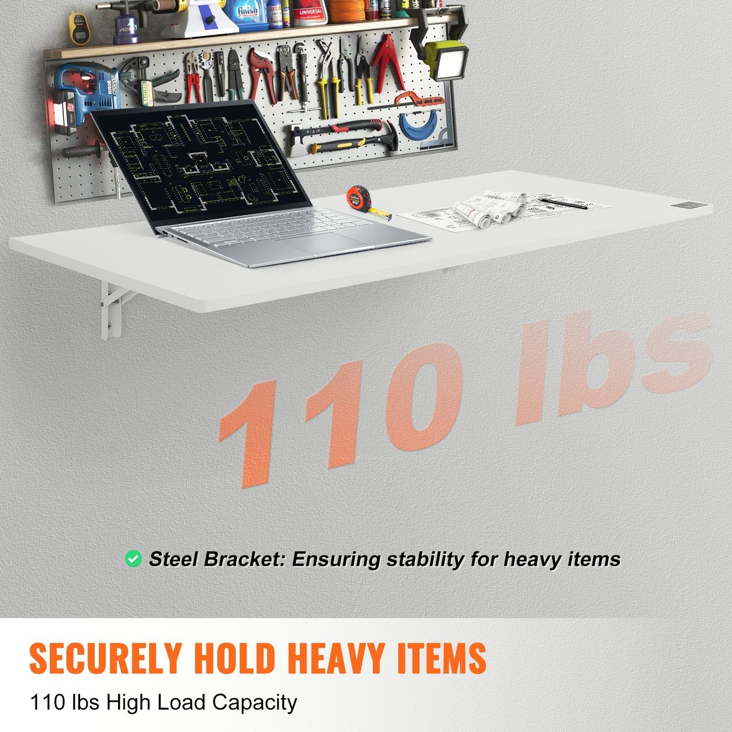 US Local VEVOR Wall Mounted Folding Table,  Wall Mount Drop Leaf Table, Floating Desk With Iron Bracket, Fold Down Desk For Small Spaces, Home Office, Dining, Laundry Room, Kitchen, Bar, White