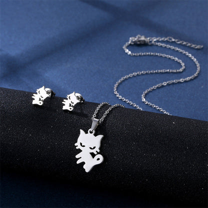 Stainless Steel Necklace Ear Stud Combination Suit