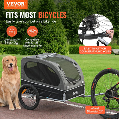 US Local Dog Bike Trailer, Supports Up To 88 Lbs, Pet Cart Bicycle Carrier, Easy Folding Frame With Quick Release Wheels, Universal Bicycle Coupler, Reflectors, Flag, Collapsible To Store, BlackGray