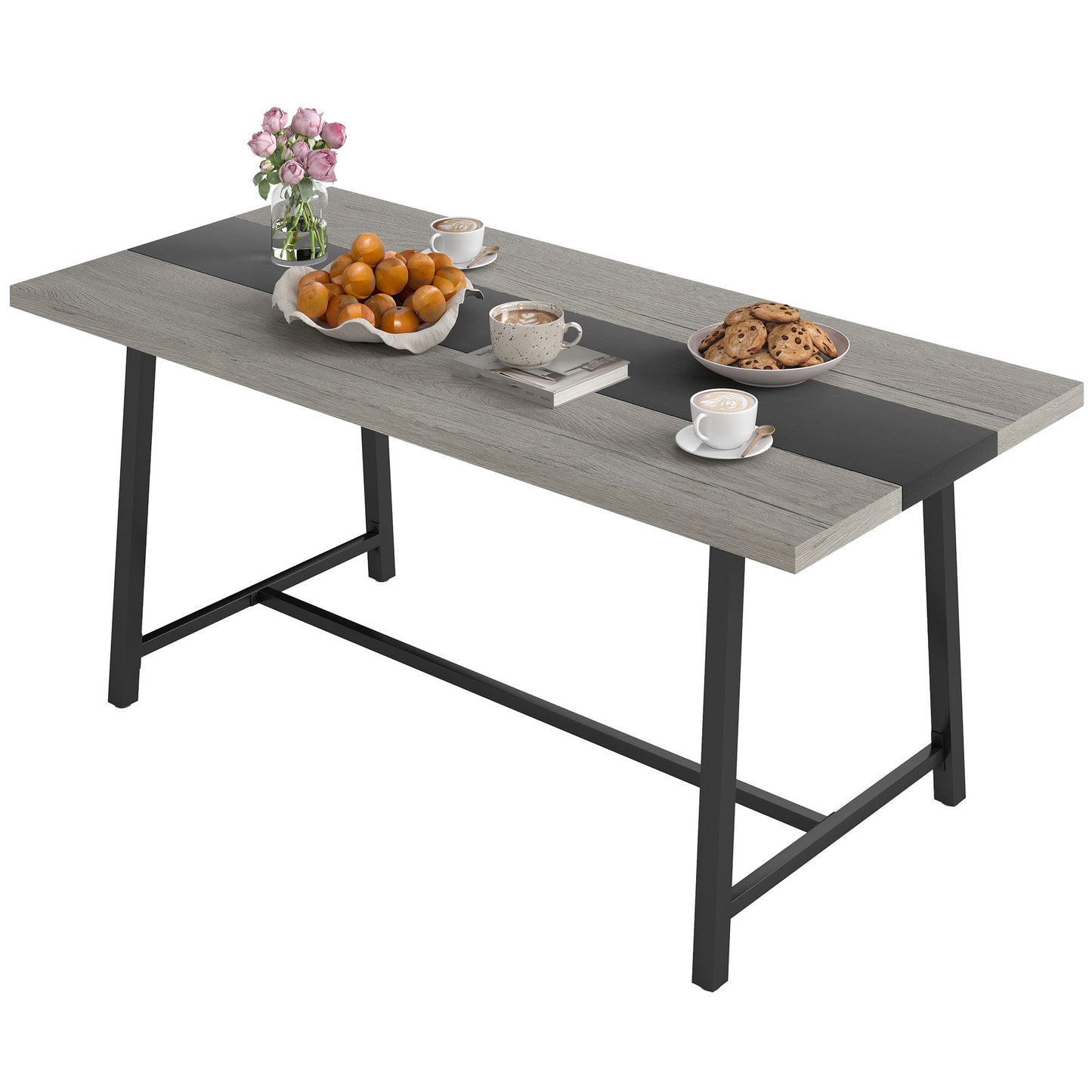 US Local Industrial Kitchen Table For 8 People, 70.9 Long Dining Table With Large Tabletop And Steel Legs For Dining Room, Gray