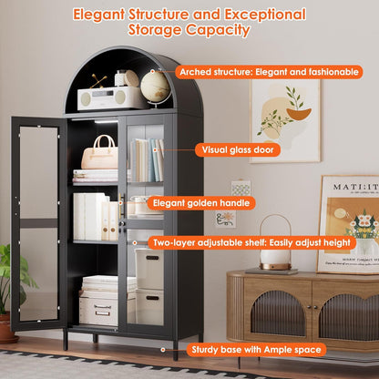 US Local Metal Arched Cabinet With LED Strips, Arch Display Bookcase With Glass Doors, Modern Freestanding Kitchen Pantry Storage Cabinet For Living Room, Dining Room, Home Office, Assembly Required Black