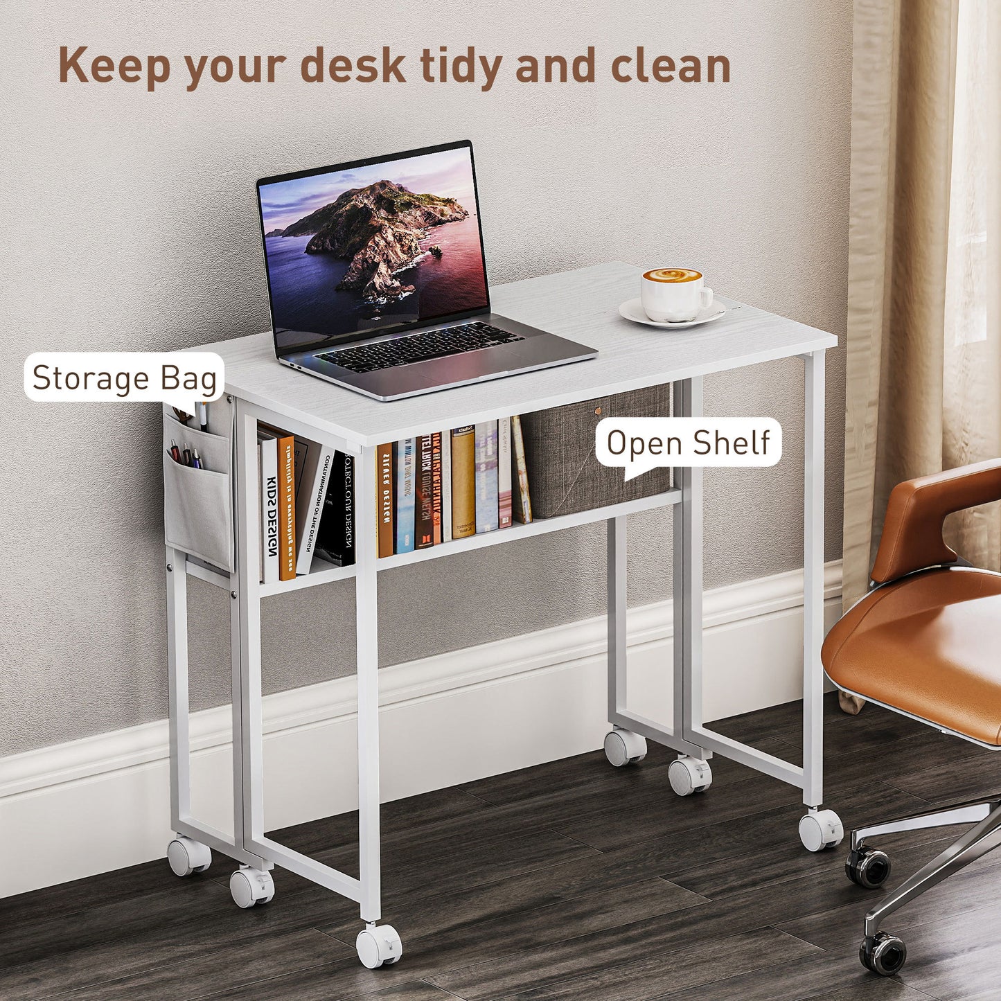 US Local Folding Computer Desk, Foldable Desk With Storage Bag, Shelf And Wheels For Small Spaces, Home Office, White