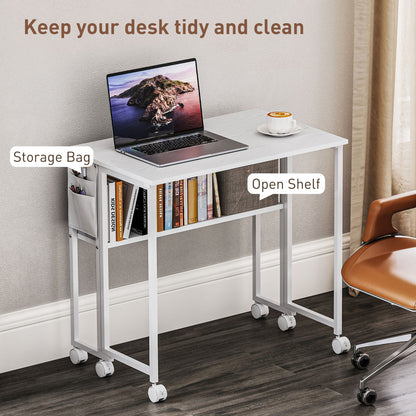 US Local Folding Computer Desk, Foldable Desk With Storage Bag, Shelf And Wheels For Small Spaces, Home Office, White
