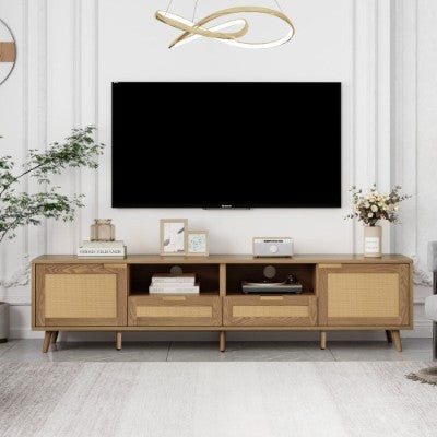 UK Local TV Console Table, Up To 90 Inches TV, TV Cabinet With Plastic Rattan Design, TV Cabinet With Solid Wooden Feet, Braided Rattan TV Boards