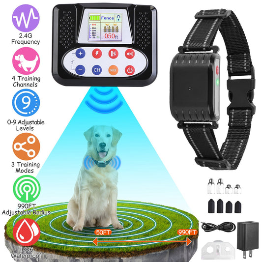 US Local 1Set 990FT Range Dog Wireless Fence Remote Training Collar IPX6 Waterproof Receiver With 0-9 Levels Beep Vibration Shock Mode 4 Channels Rechargeable Transmitter System