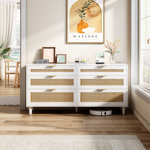 US Local Rattan Dresser With Drawers, 6 Drawer Dresser For Bedroom, Clothes Storage Cabinet For Bedroom, Metal Handle&Wood Legs For Hallway, Living Room, Bedroom,White