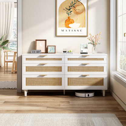 US Local Rattan Dresser With Drawers, 6 Drawer Dresser For Bedroom, Clothes Storage Cabinet For Bedroom, Metal Handle&Wood Legs For Hallway, Living Room, Bedroom,White