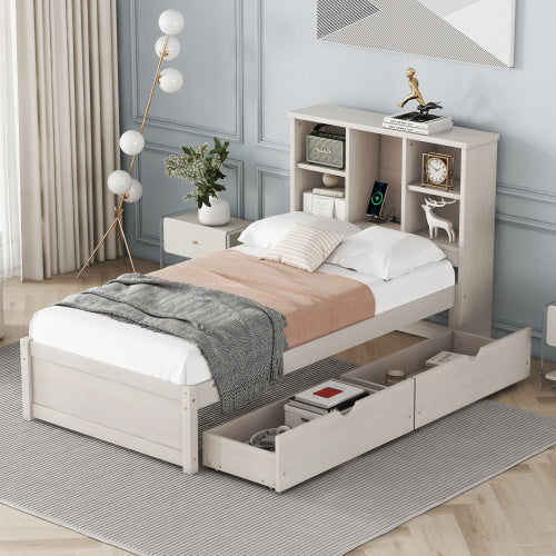 US Local Modern Twin Size Bed Frame With Built-in USB Port On Bookcase Headboard And 2 Drawers For White Washed Color