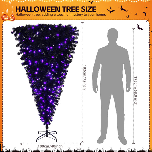 US Local 6 FT Pre-lit Upside Down Artificial Christmas Tree, Black Halloween Tree with 250 Purple Lights and Pumpkin & Skull Ornaments