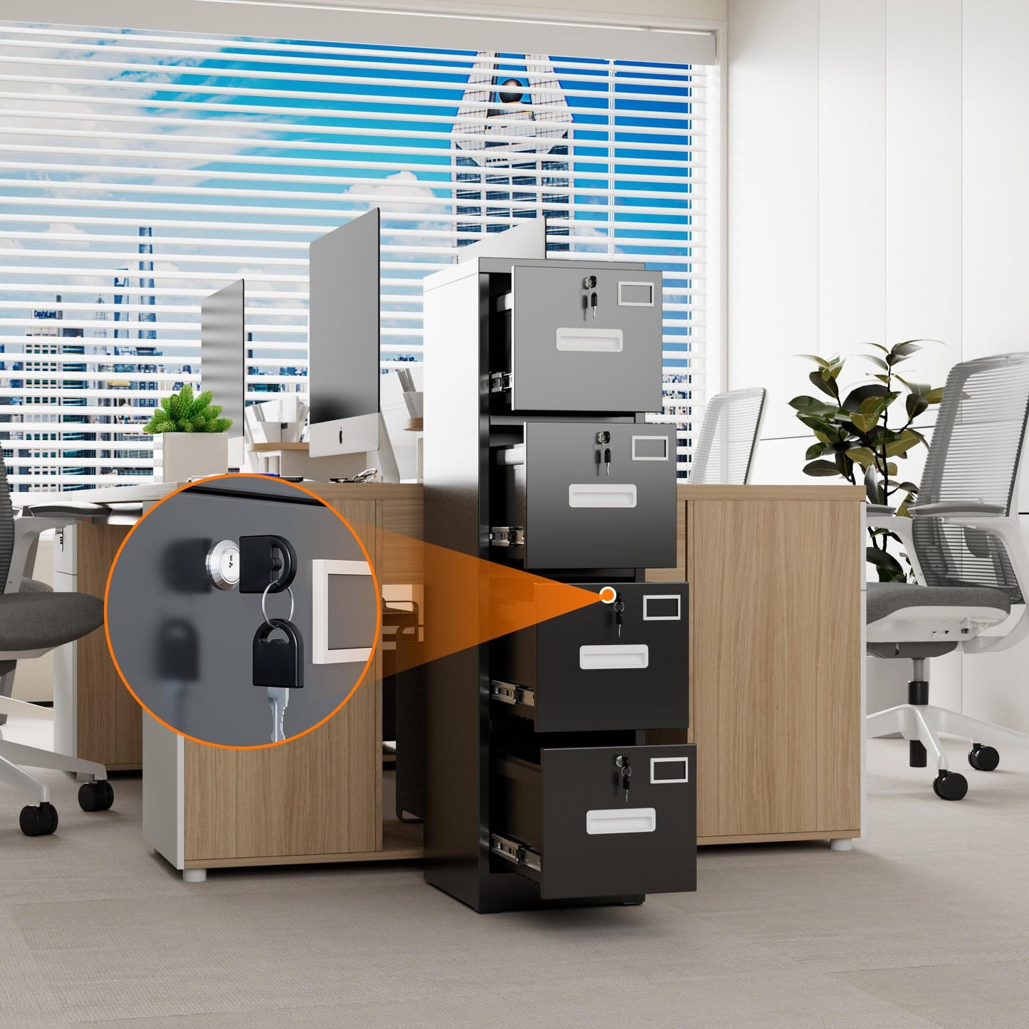 US Local 4 Drawer File Cabinet, Metal Vertical Black Filing Cabinets With Lock For Home Office With Name Card Holder For Letter,Legal,A4,F4 Size,Assemble Required