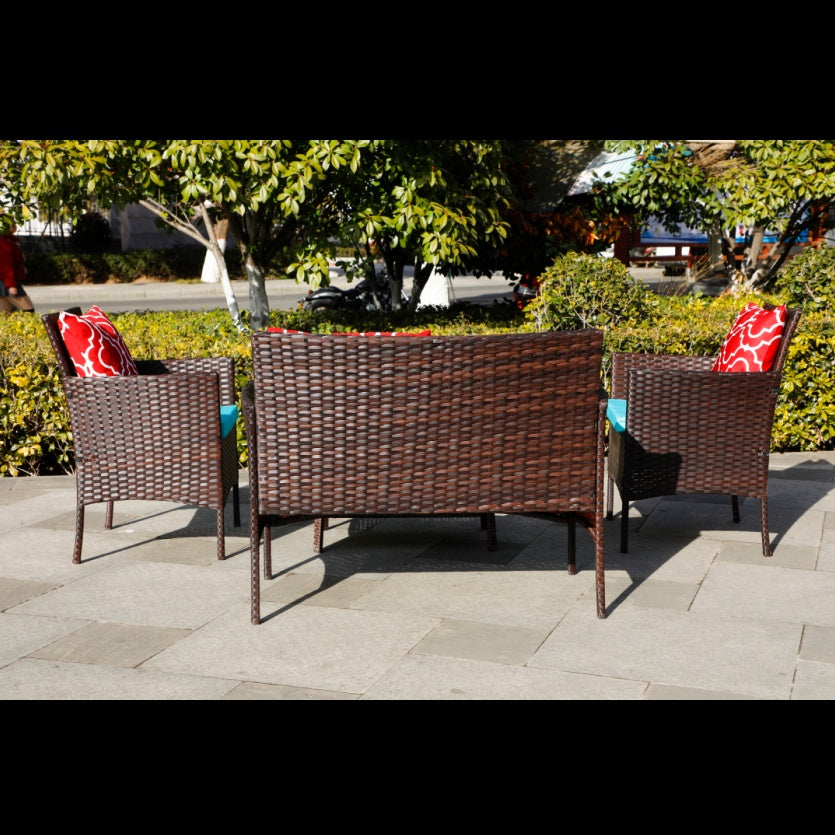 US Local New Design High Quality Four-Piece Sofa Set Table With Sofa Chair PE Rattan Outdoor Furniture W3152P269438 Box 1 With Emerald Green Color Cushion