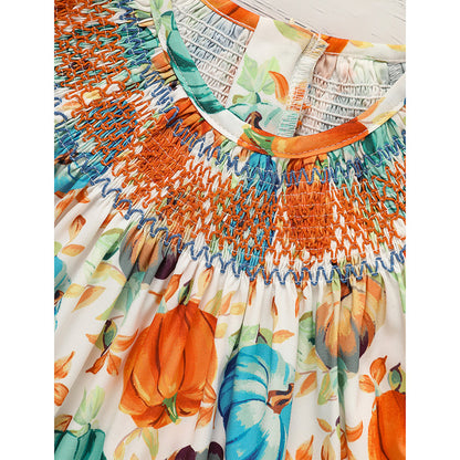 Toddler Baby Child Girl Pumpkin Smocked Dress Fall Thanksgiving Halloween Embroidered Princess Party Dresses Kids Fall Outfits Clothes