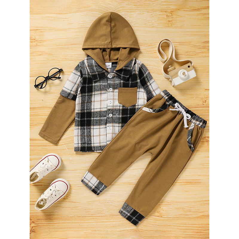 US Local Toddler Baby Boy Clothes Plaid Long Sleeve Hoodie Sweatshirt & Pants 2pcs Boys Outfit Set