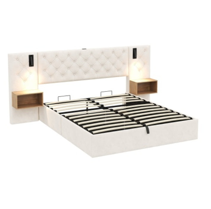 UK Local King Upholstered Bed With Charging Station, Velvet Hydraulic Storage Bed With Reading Light, 5ft King Bed Frame With Handmade Button Tufted Wide Headboard And Bedside Storage, Beige