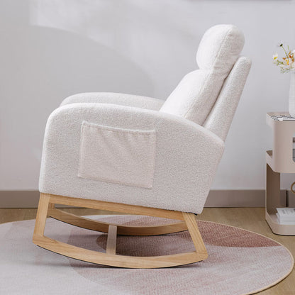 US Local Modern Accent Rocking Chair Rocking Chair With Solid Wood Legs, Upholstered Nursery Glider Rocker, Comfy Armchair With Side Pocket, Living Room Lounge Arm Chair With High Backrest