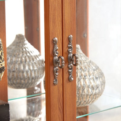 US Local Lighted Glass Cabinet Glass Wine Cabinet Curio Display Cabinet With Adjustable Glass Shelves 2 Doors And 1 Drawer Cabinet Bulb Included OAK