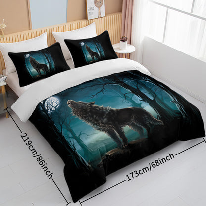 US Local Moon Wolf Bedding Green Watercolor Forest Wolf Landscape Duvet Cover Sets 3 Pieces Wild Animal Bedding Set Twin Full Queen King Size