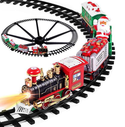 US Local Electric Train Set Kid Toy Xmas Steam Train Kit Tree Surround Track Battery Operated With Sound Light Santa Claus Christmas Gift