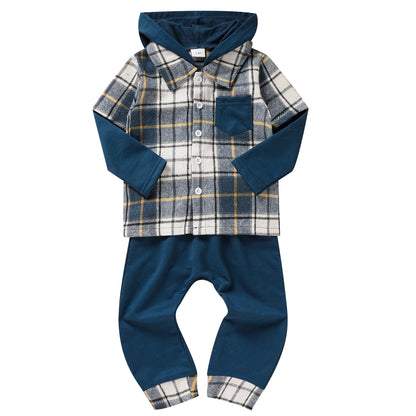 US Local Toddler Baby Boy Clothes Plaid Long Sleeve Hoodie Sweatshirt & Pants 2pcs Boys Outfit Set