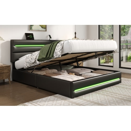 UK Local 5ft King Upholstered Bed Frame With Hydraulic Storage, PU Ottoman Bed With LED Lighting And Charging Station, LED Adjustable Headboard With USB And Type - C Ports, Black