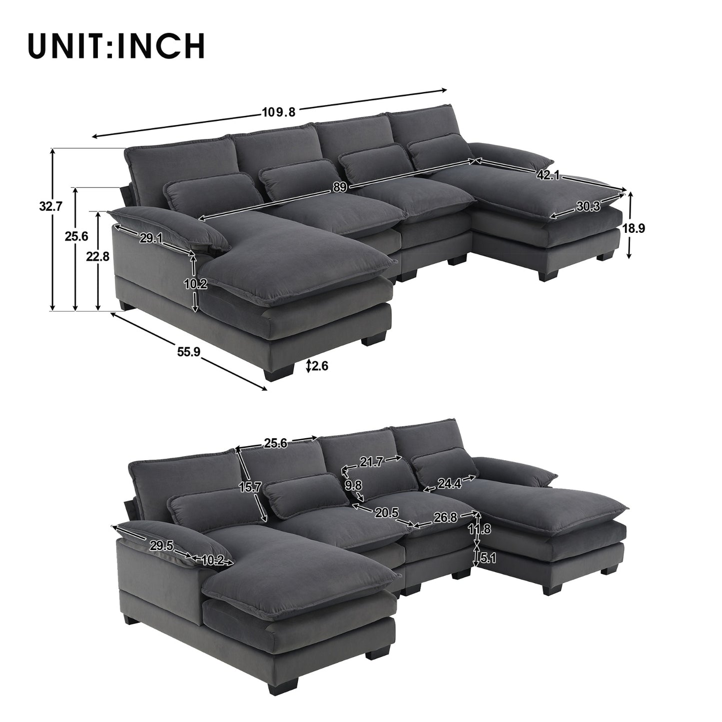 US Local New Modern U-shaped Sectional Sofa, 6-Seat With Waist Pillows 109.8 55.9