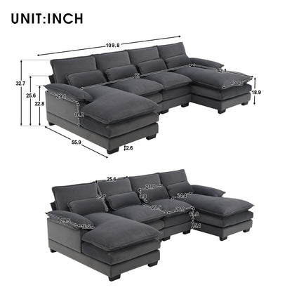 US Local New Modern U-shaped Sectional Sofa, 6-Seat With Waist Pillows 109.8 55.9