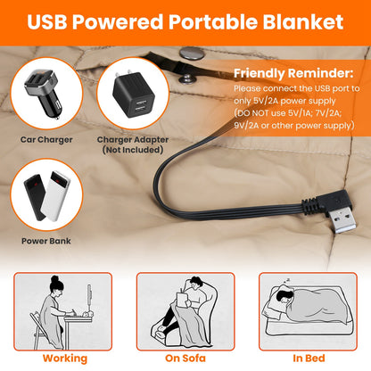 US Local USB Heated Blanket Electric Heated Poncho Shawl Wrap Throw With Zipper Arm Holes Pocket 3 Heating Levels 6 Zones 5V 2A Machine Washable For Home Office Outdoor