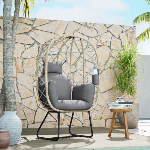 UK Local Outsunny Rattan Egg Chair Outdoor Indoor Wicker Chair With Thickened Cushion And Headrest, Standing Garden Egg Chair With Cup Holder, Metal Frame For Patio, Balcony, Grey