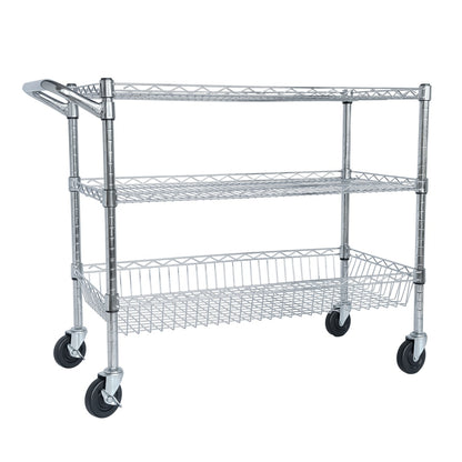 US Local Heavy Duty Rolling Utility Cart,3 Tier Rolling Carts With Wheels,with Handle Bar  Shelf Liners,36X18X32  Storage Cart For Kitchen,Restaurant,Plant Display,Chrome